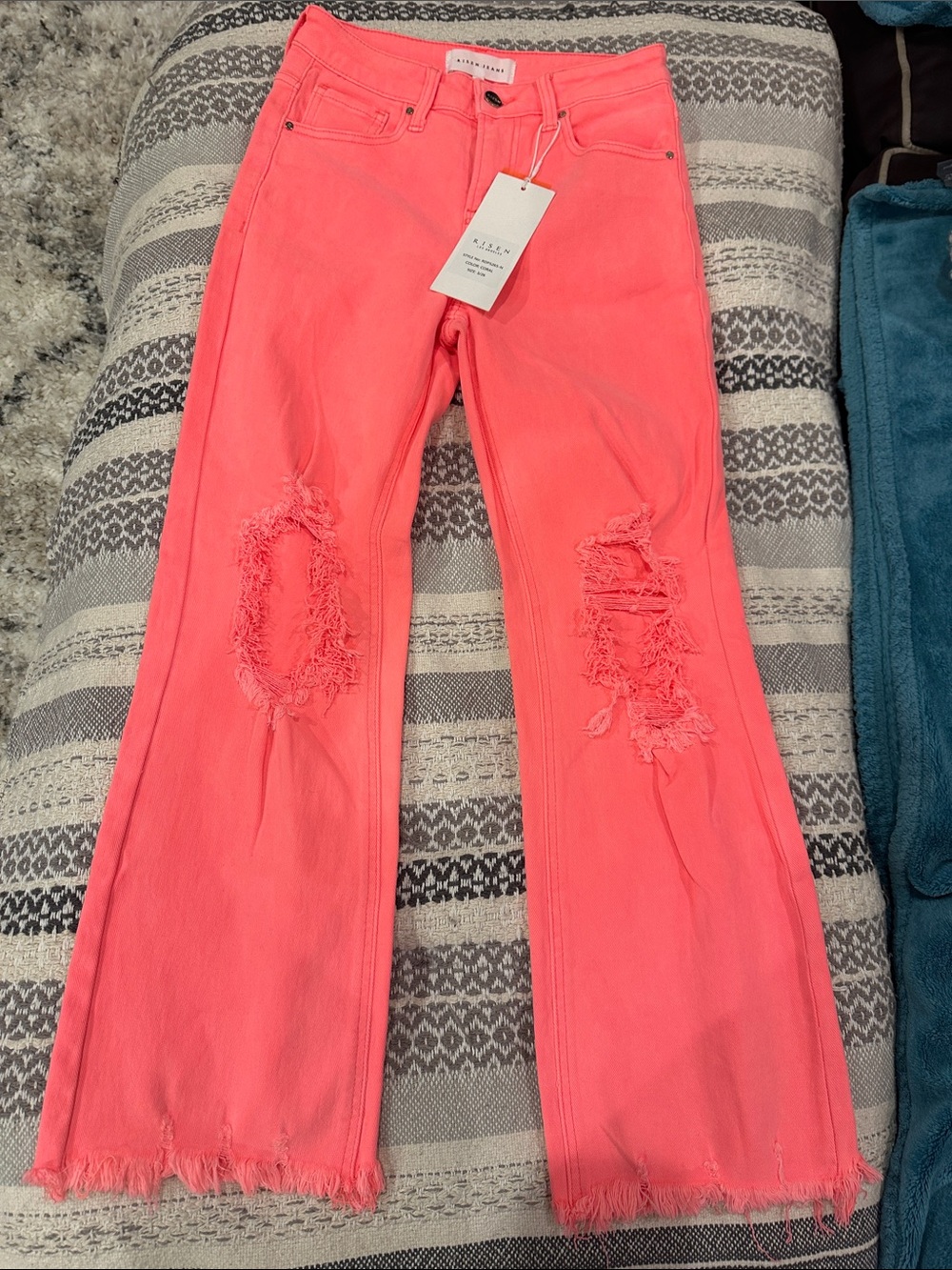 risen  Coral Pink Distressed Flare Jeans